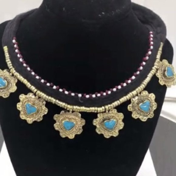 Tribal Collar Choker Stones Necklace, Ethnic Floral Choker Necklace, Statement - Picture 3 of 4